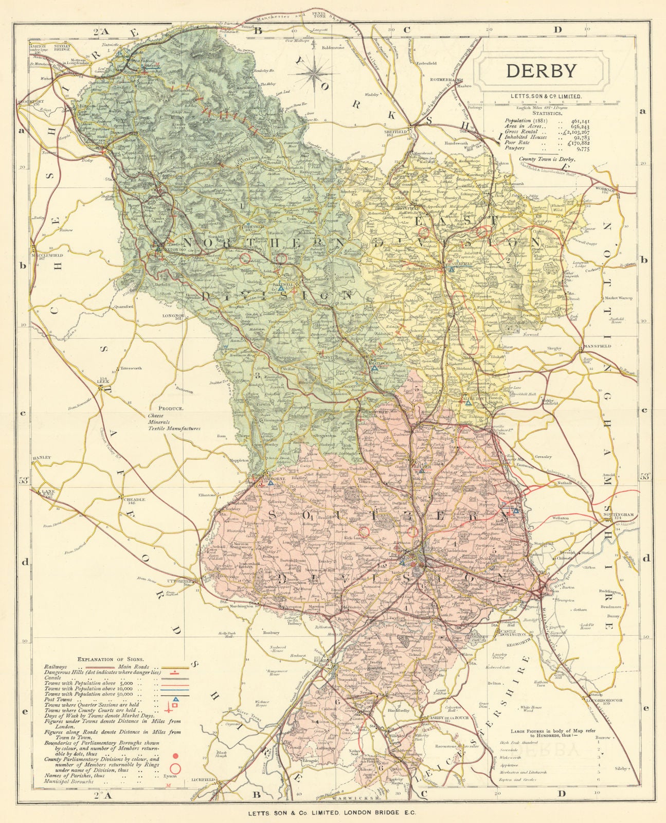 Derbyshire  county map showing Post Towns & Market Days. LETTS 1884 old